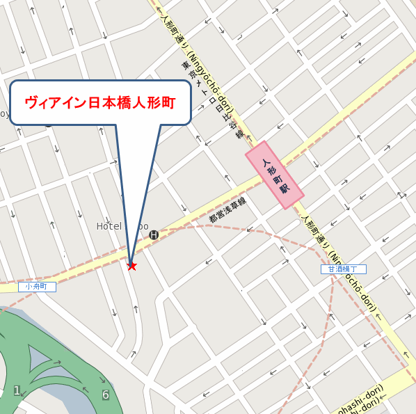 ヴィアインプライム日本橋人形町（ＪＲ西日本グループ）への概略アクセスマップ