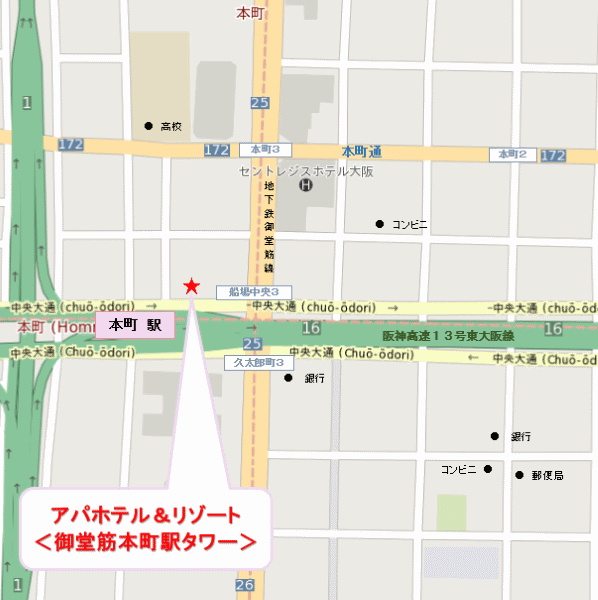 地図：アパホテル＆リゾート〈御堂筋本町駅タワー〉（全室禁煙）