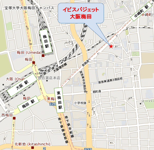 イビスバジェット　大阪梅田への概略アクセスマップ