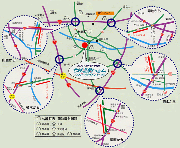 七城温泉ドームへの概略アクセスマップ