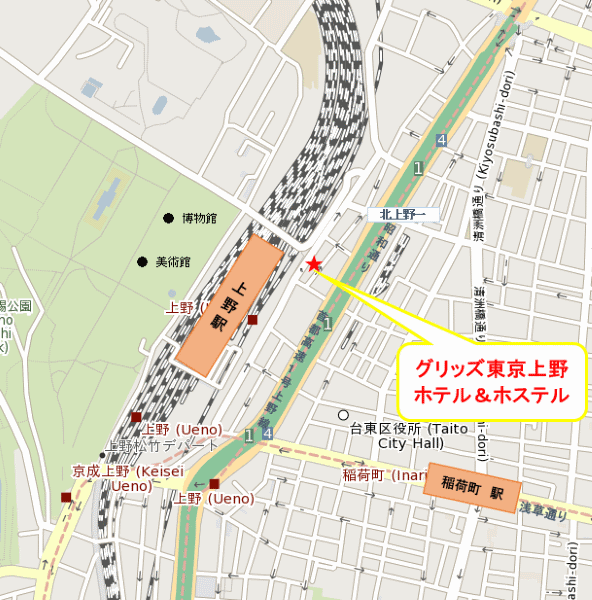グリッズ　東京　上野駅前　ホテル＆ホステルへの概略アクセスマップ