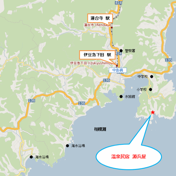 温泉民宿　源兵屋への概略アクセスマップ