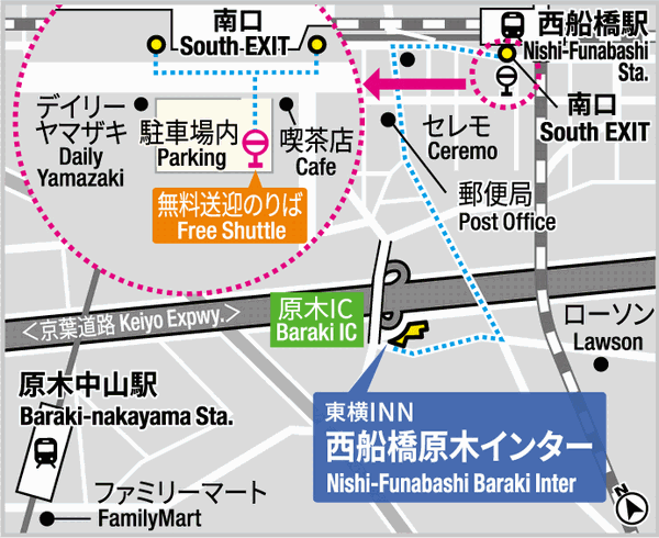 東横ＩＮＮ西船橋原木インターへの概略アクセスマップ