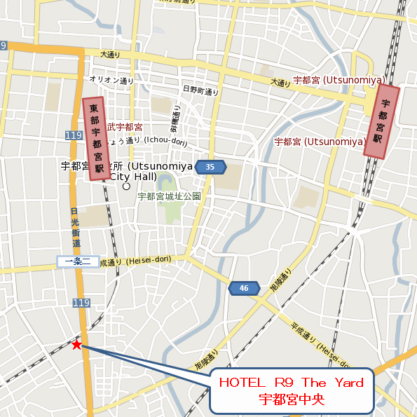 ＨＯＴＥＬ　Ｒ９　Ｔｈｅ　Ｙａｒｄ　宇都宮中央への概略アクセスマップ