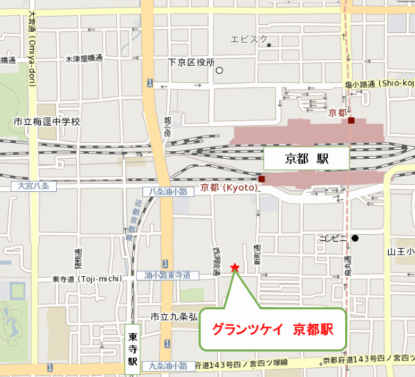グランツケイ　京都駅への概略アクセスマップ