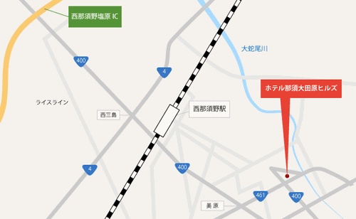 ホテル那須大田原ヒルズ（ＢＢＨホテルグループ）への概略アクセスマップ
