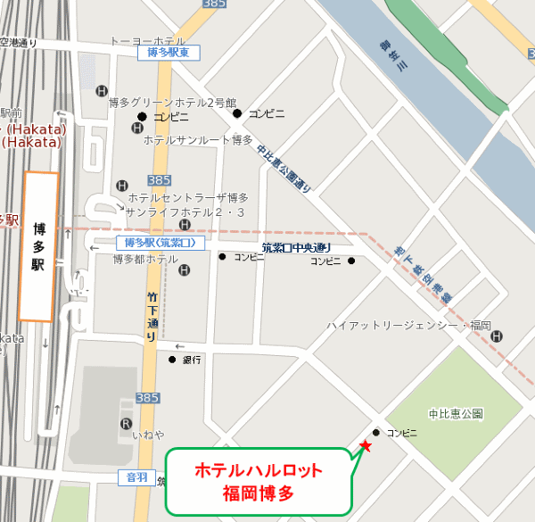 ホテルハルロット福岡博多への概略アクセスマップ