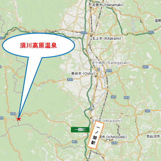 須川高原温泉への概略アクセスマップ