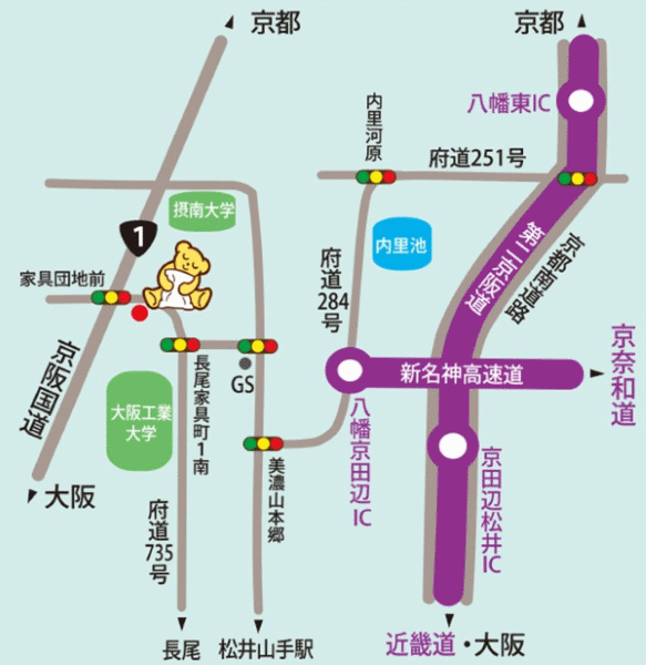 ファミリーロッジ旅籠屋・大阪枚方店への概略アクセスマップ