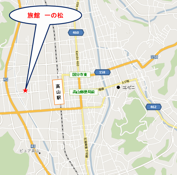 飛騨高山　旅館　一の松への概略アクセスマップ
