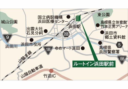 ホテルルートイン浜田駅前への概略アクセスマップ