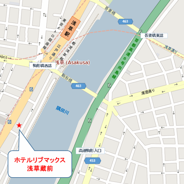 ホテルリブマックス浅草駅前への概略アクセスマップ