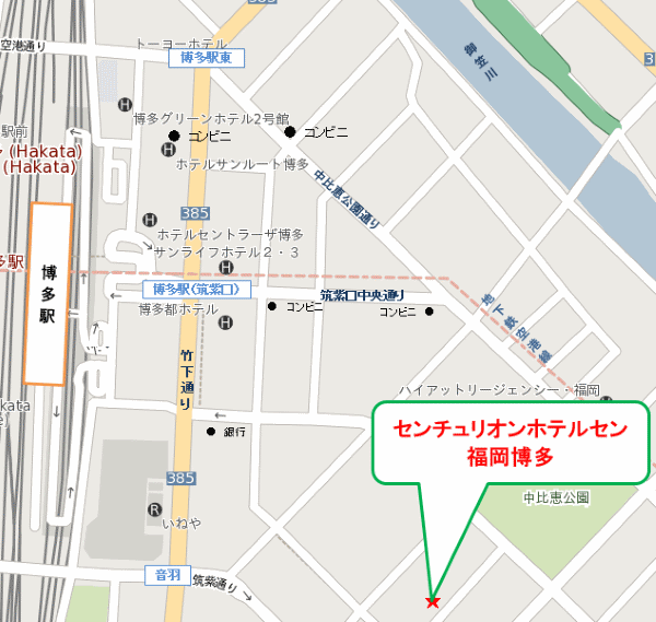 クインテッサホテル福岡博多　Ｒｅｌａｘ＆Ｓｌｅｅｐへの概略アクセスマップ