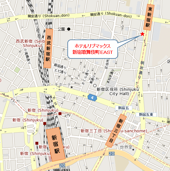 ホテルリブマックス新宿歌舞伎町明治通への概略アクセスマップ