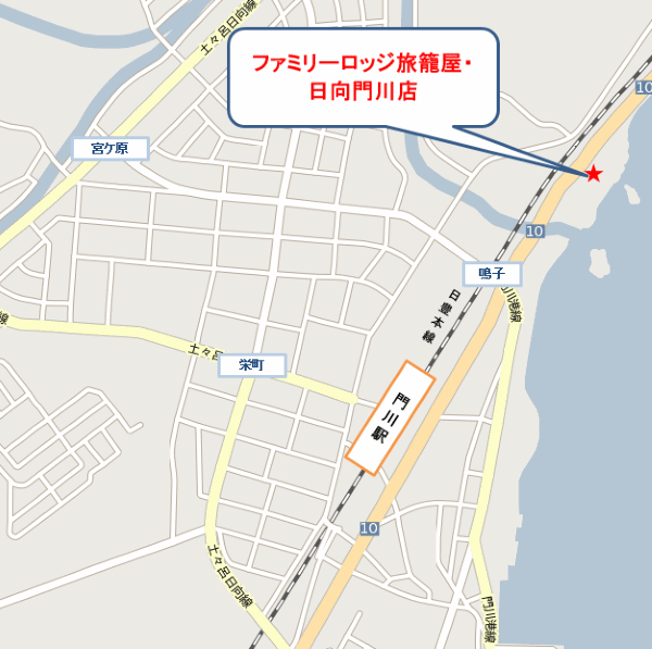 ファミリーロッジ旅籠屋・日向門川店への概略アクセスマップ