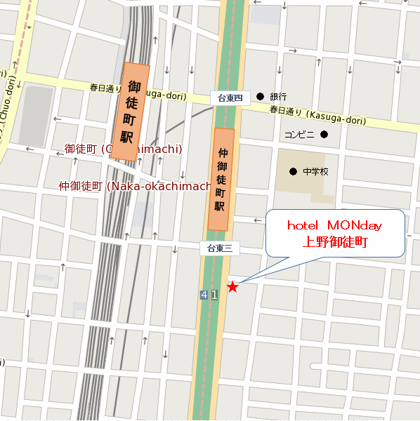 ｈｏｔｅｌ　ＭＯＮｄａｙ　Ｐｒｅｍｉｕｍ　上野御徒町への概略アクセスマップ