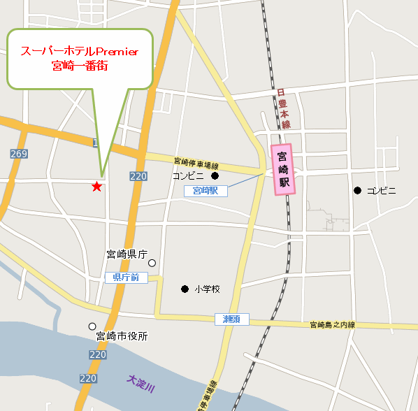 天然温泉　ひなたの湯　スーパーホテルＰｒｅｍｉｅｒ宮崎一番街への概略アクセスマップ
