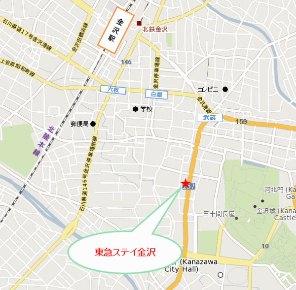 東急ステイ金沢への概略アクセスマップ