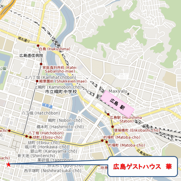 広島ゲストハウス　華への概略アクセスマップ