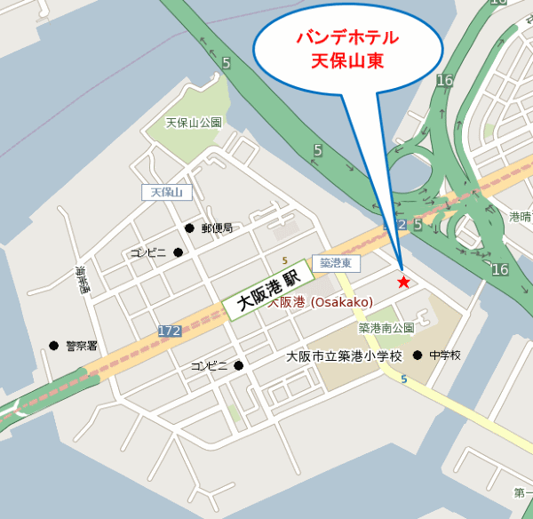 バンデホテル天保山東への概略アクセスマップ