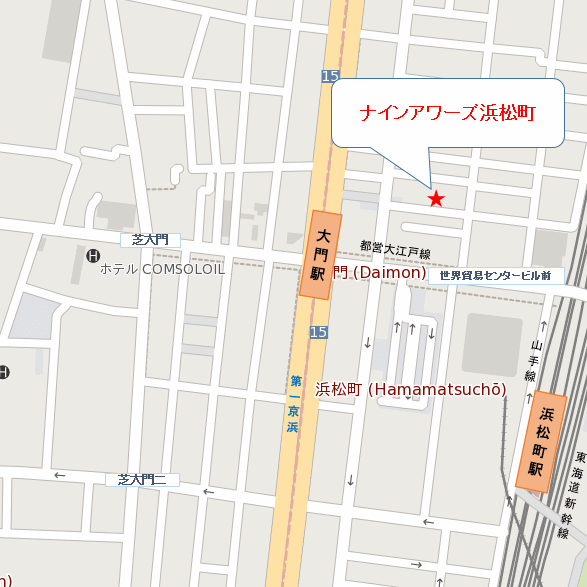 ナインアワーズ浜松町への概略アクセスマップ