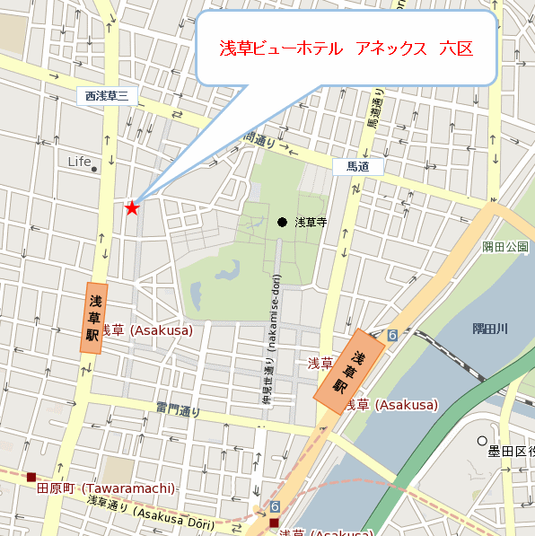 浅草ビューホテル　アネックス　六区への概略アクセスマップ