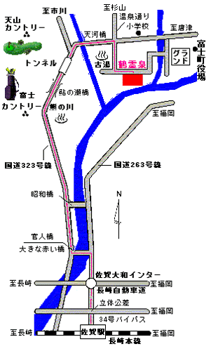 古湯温泉　鶴の恩返し　よみがえりの宿　鶴霊泉への概略アクセスマップ