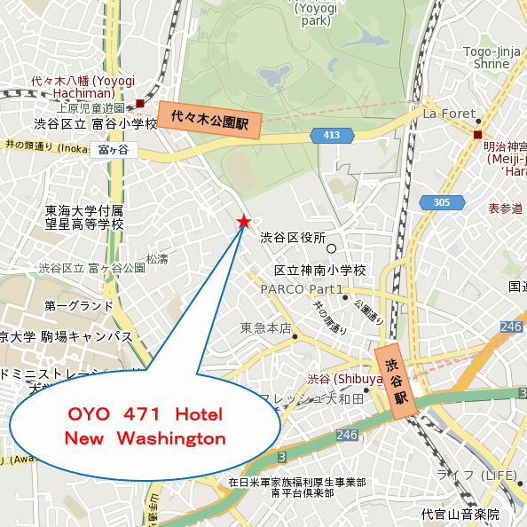 Ｔａｂｉｓｔ　ホテルニューワシントン　渋谷への概略アクセスマップ