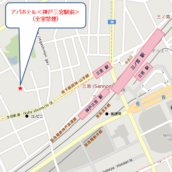 アパホテル〈神戸三宮駅前〉（全室禁煙）への概略アクセスマップ