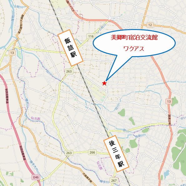 美郷町宿泊交流館ワクアスへの概略アクセスマップ