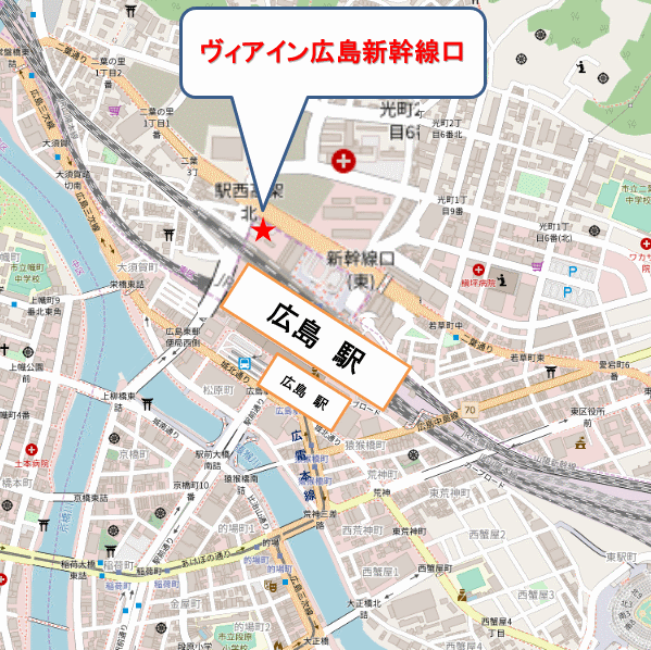 ヴィアインプライム広島新幹線口＜紅葉の湯＞（ＪＲ西日本グループ）への概略アクセスマップ