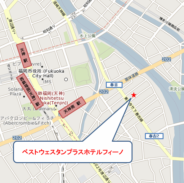 ベストウェスタンプラス福岡天神南への概略アクセスマップ