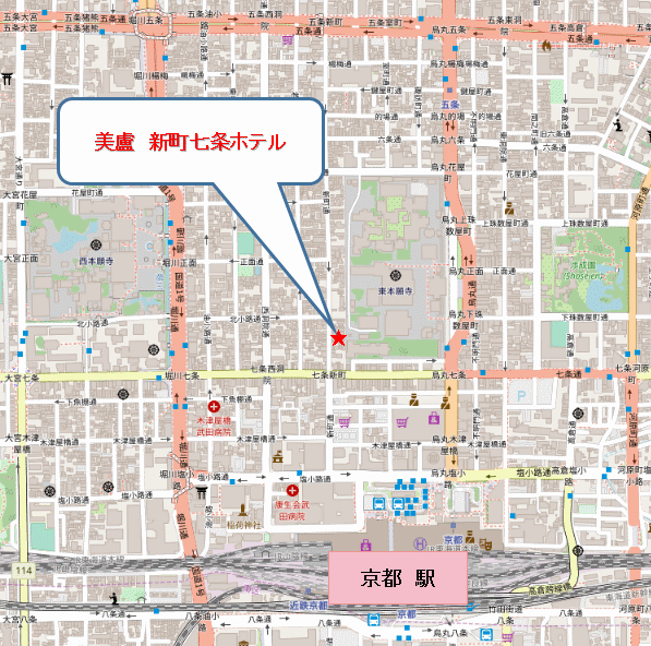 美盧　新町七条ホテルへの概略アクセスマップ