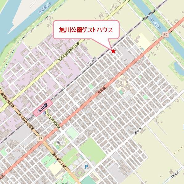 旭川公園ゲストハウスへの概略アクセスマップ