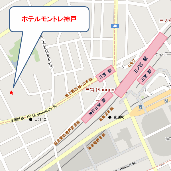 ホテルモントレ神戸への概略アクセスマップ