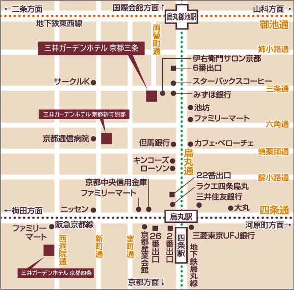三井ガーデンホテル京都三条への概略アクセスマップ