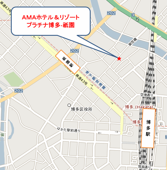 ＡＭＡホテル＆リゾート　プラチナ博多‐祇園への概略アクセスマップ