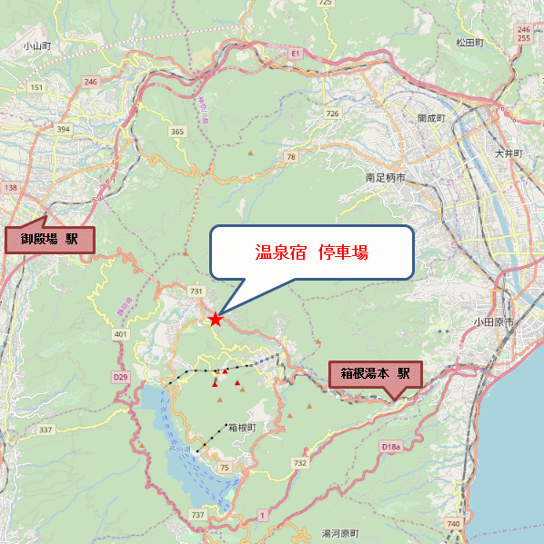 ゆぽっぽ箱根（旧温泉宿　停車場）への概略アクセスマップ