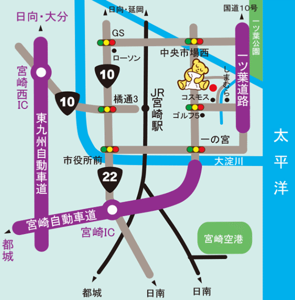 ファミリーロッジ旅籠屋・宮崎店への概略アクセスマップ