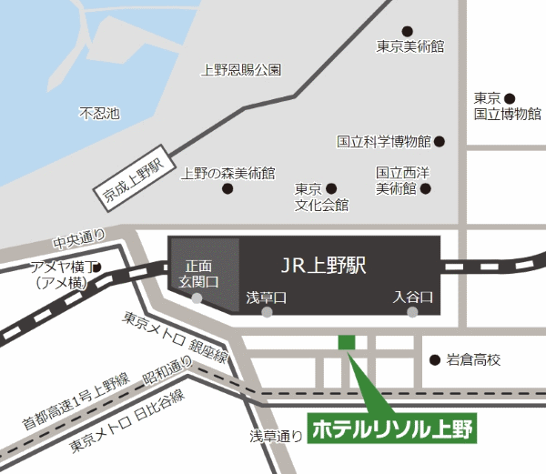 ホテルリソル上野への概略アクセスマップ
