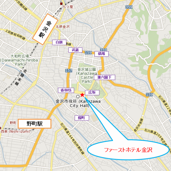 ファーストホテル金沢への概略アクセスマップ