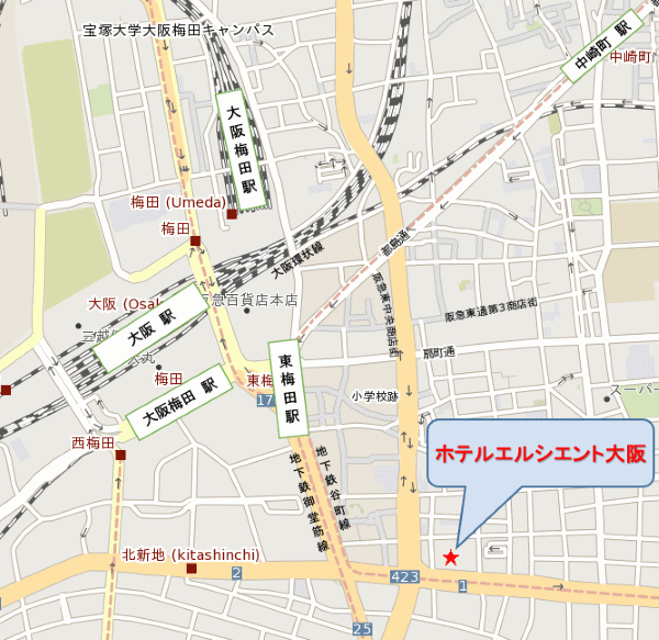ホテルエルシエント大阪への概略アクセスマップ