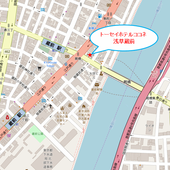 トーセイホテルココネ浅草蔵前への概略アクセスマップ