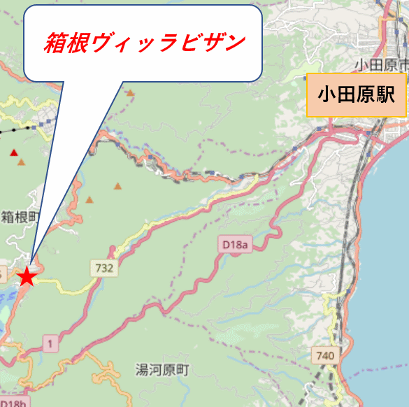 箱根ヴィッラビザンへの概略アクセスマップ