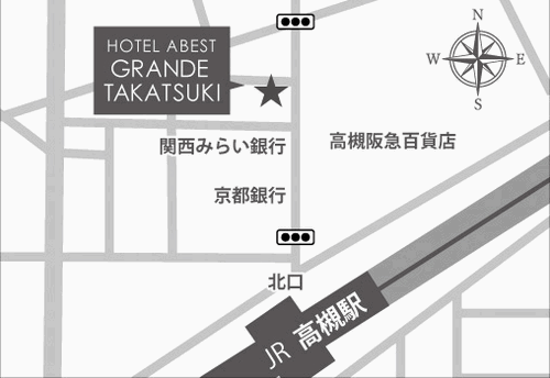 ホテルアベストグランデ高槻　なごみの湯への概略アクセスマップ