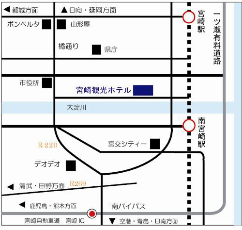 たまゆら温泉　宮崎観光ホテルへの概略アクセスマップ