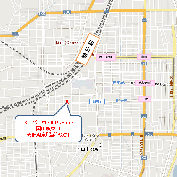 天然温泉　備前の湯　スーパーホテル岡山駅東口への概略アクセスマップ