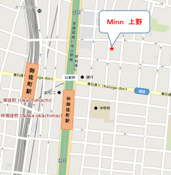 Ｍｉｎｎ　上野への概略アクセスマップ
