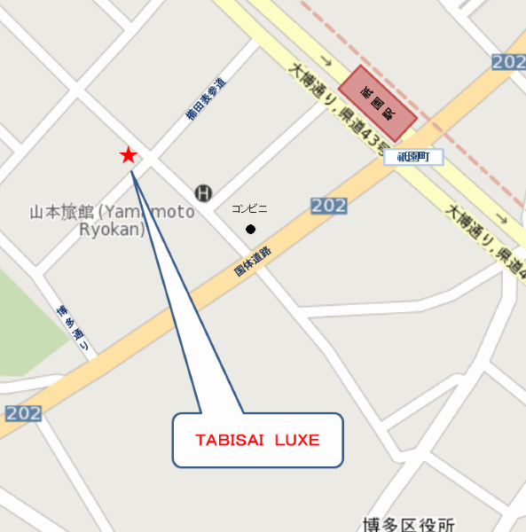 ＴＡＢＩＳＡＩ　ＬＵＸＥ　博多‐祇園への概略アクセスマップ