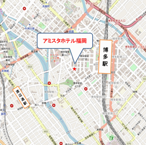 ＡＭＩＳＴＡＤ　ＨＯＴＥＬ　ＦＵＫＵＯＫＡ（アミスタホテル福岡）への概略アクセスマップ